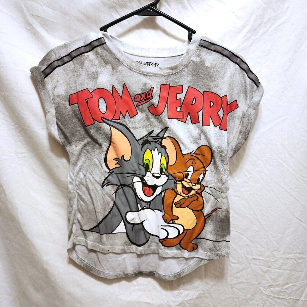 Tom and Jerry Gray Graphic T-Shirt Juniors Size XS 1 Cuffed Short Sleeves